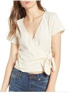 Madewell Cream Textured Cotton Side Tie Wrap Cap Sleeve V-Neck Top Size XS